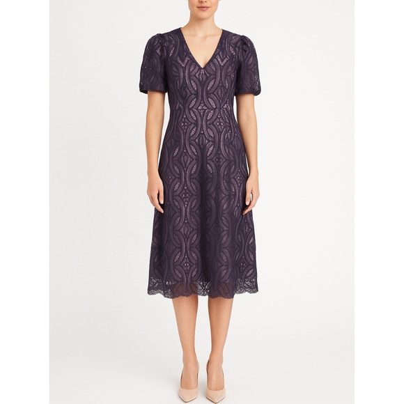 KAY UNGER Purple Lace Illusion Midi Dress - Picture 1 of 5